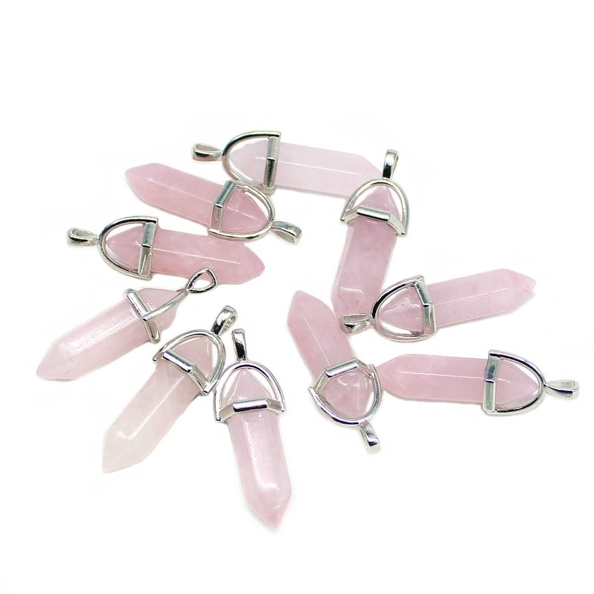 Rose Quartz Crystal 10 PCS Rose Quartz Point Hexagonal Healing Reiki Stone Pendant Bulk for Jewelry Making