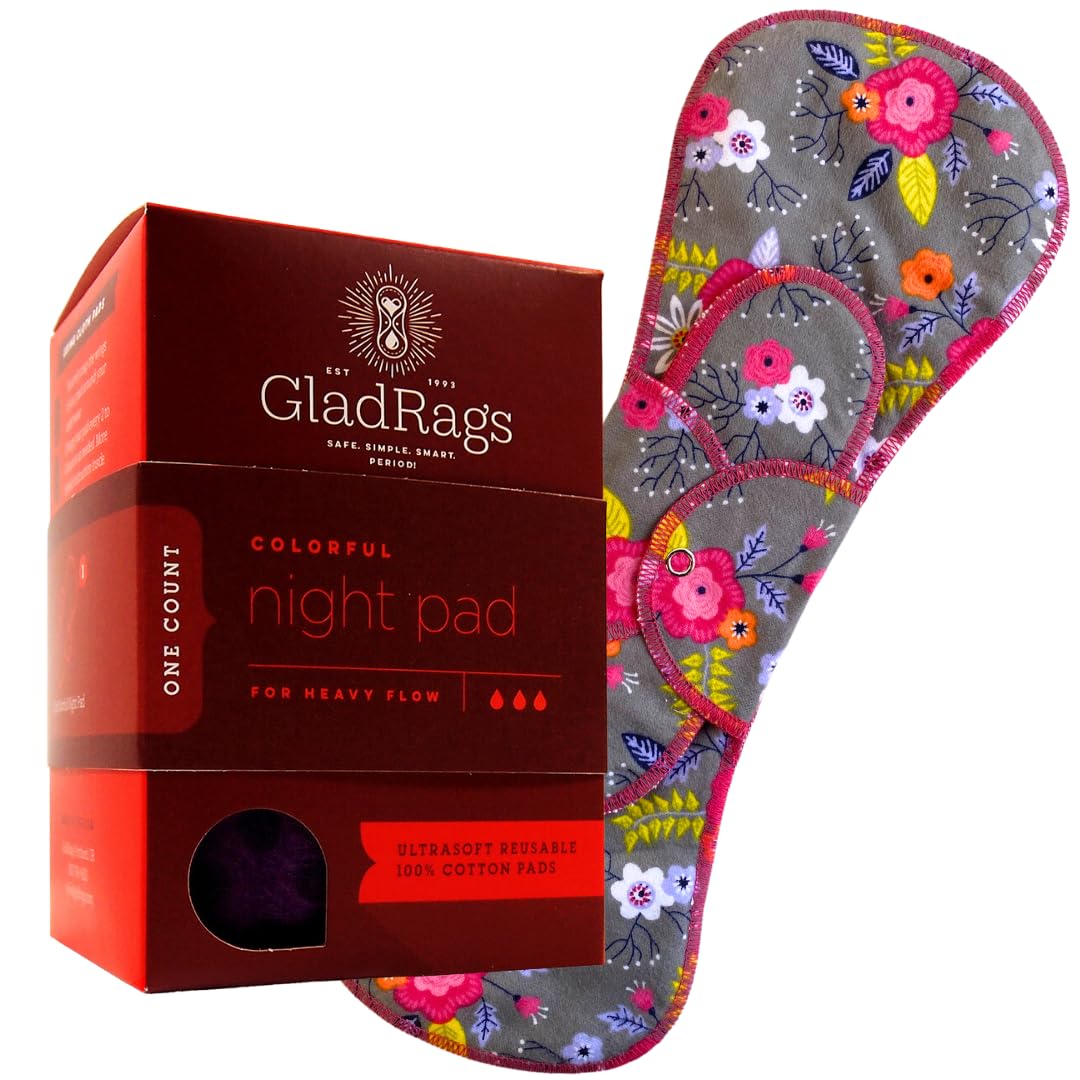GladRags Reusable Cloth Night Pad (1-Pack) - 100% Cotton Reusable Menstrual Pad, Washable Absorbent Overnight Pad, Heavy Flow Pe