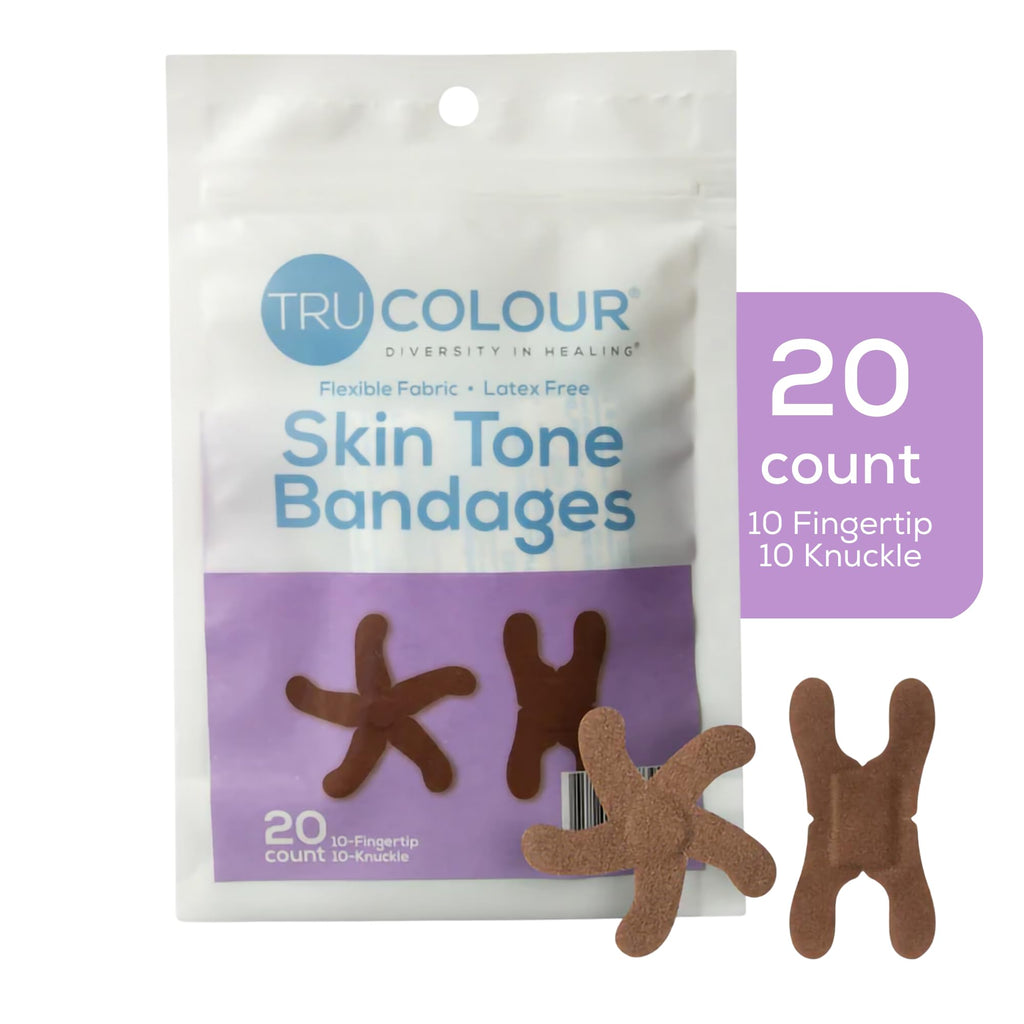 Tru-Colour Skin Tone Bandages Variety Pack - Flexible Fabric Adhesive Strips, Fingertip, Knuckle Bandages - Dark Brown, 2 Pack,