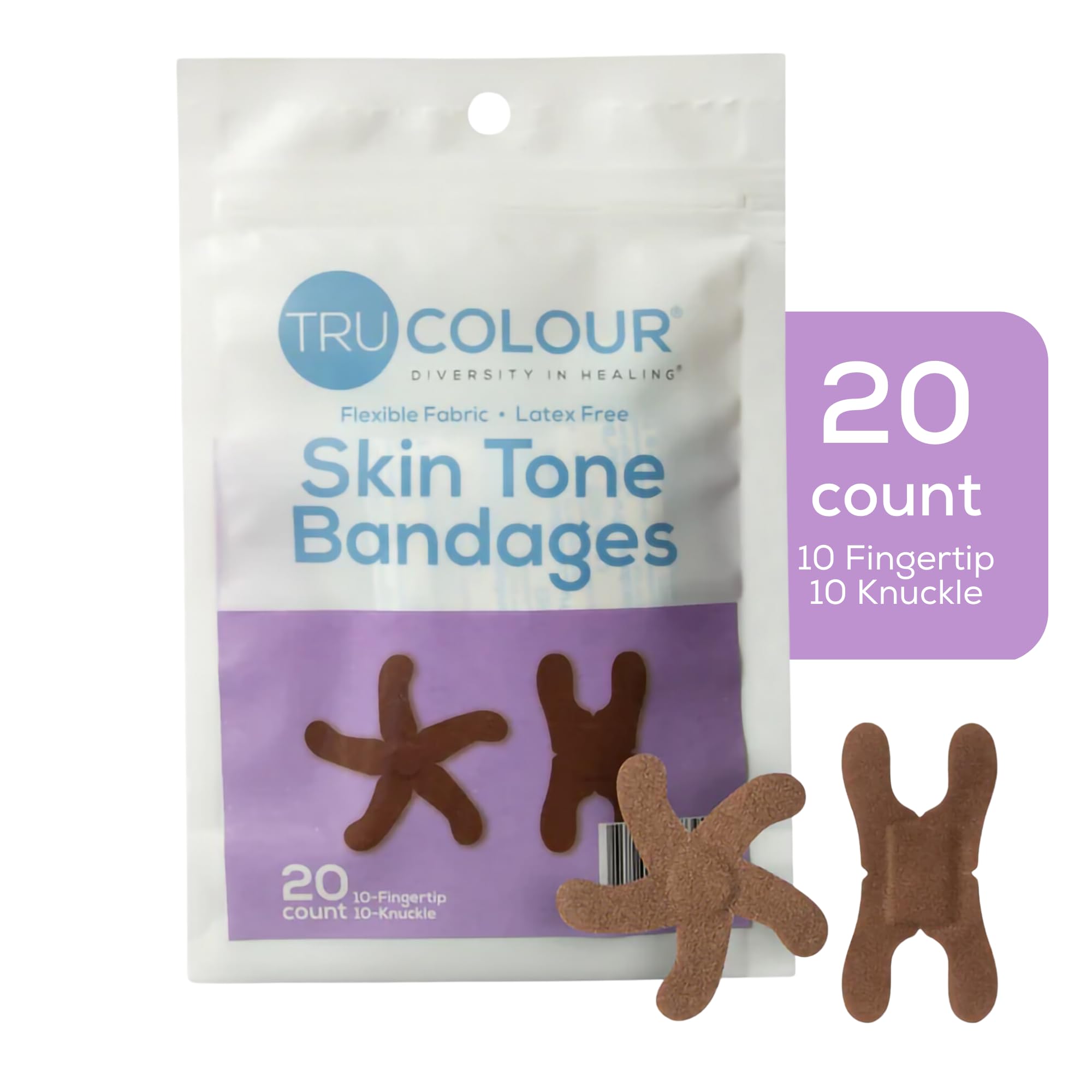 Tru-Colour Skin Tone Bandages Variety Pack - Flexible Fabric Adhesive Strips, Fingertip, Knuckle Bandages - Dark Brown, 2 Pack,
