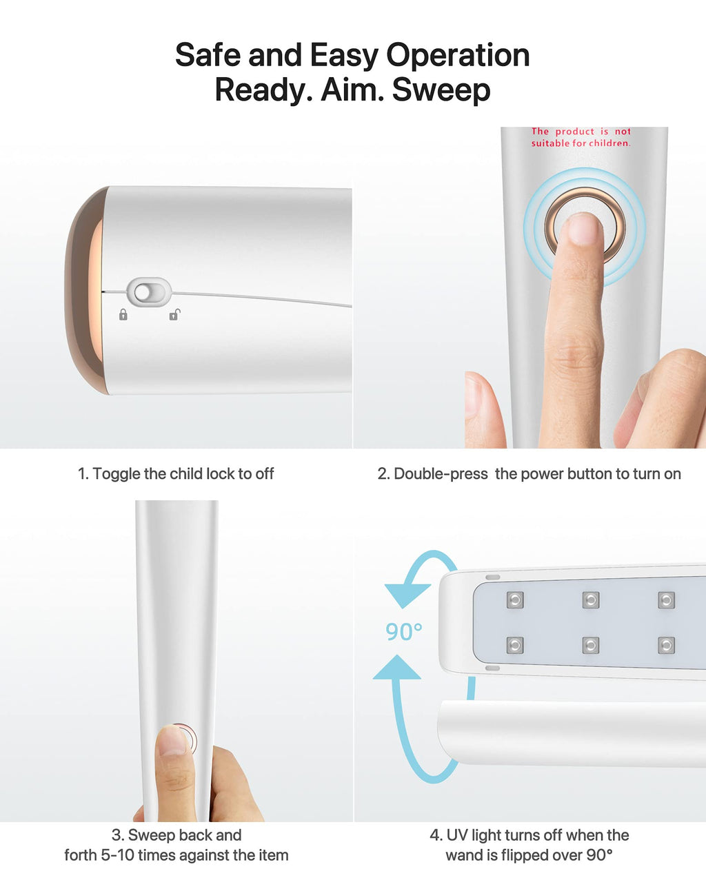 UV Light Sanitizer Wand, Portable UVC Light Disinfector Lamp Chargable Foldable UV Wand for Home Hotel Travel with 20 UV-C LED B