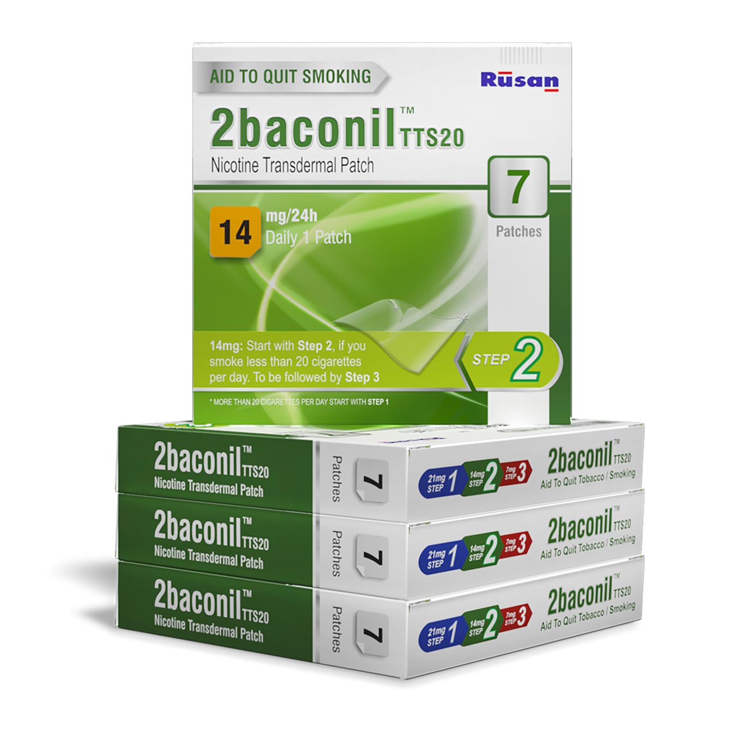 Rusan 2Baconil Nicotine Transdermal Patch 14Mg Step 2 | 28 Patches (4X7 Pack) | 1 Month Quit Smoking Kit | Nicotine Replacement 
