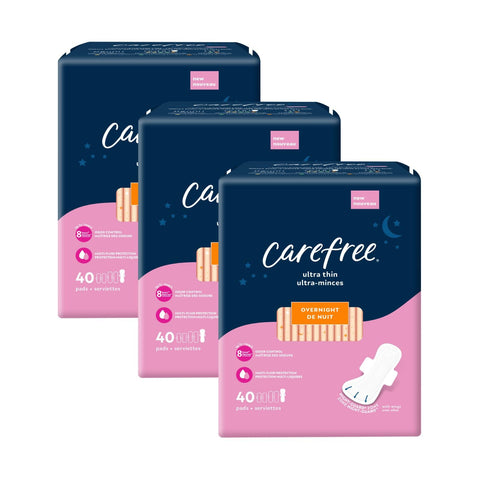 Carefree Ultra Thin Pads for Women, Overnight Pads With Wings, 120ct (3 Packs of 40ct) | Carefree Pads, Feminine Care, Period Pa