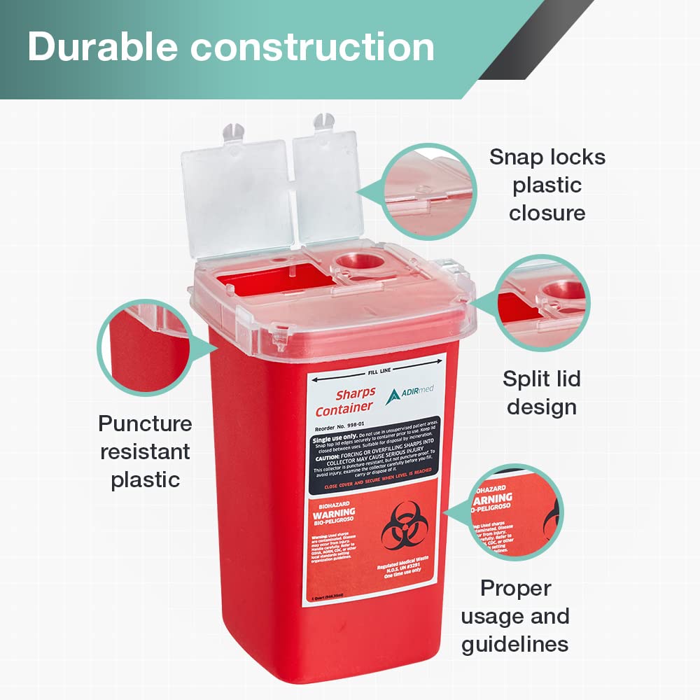 AdirMed Sharps Disposal Container with Flip Open Lid - Biohazard and Syringe Disposal Container - Ideal for Home, Clinic, Office