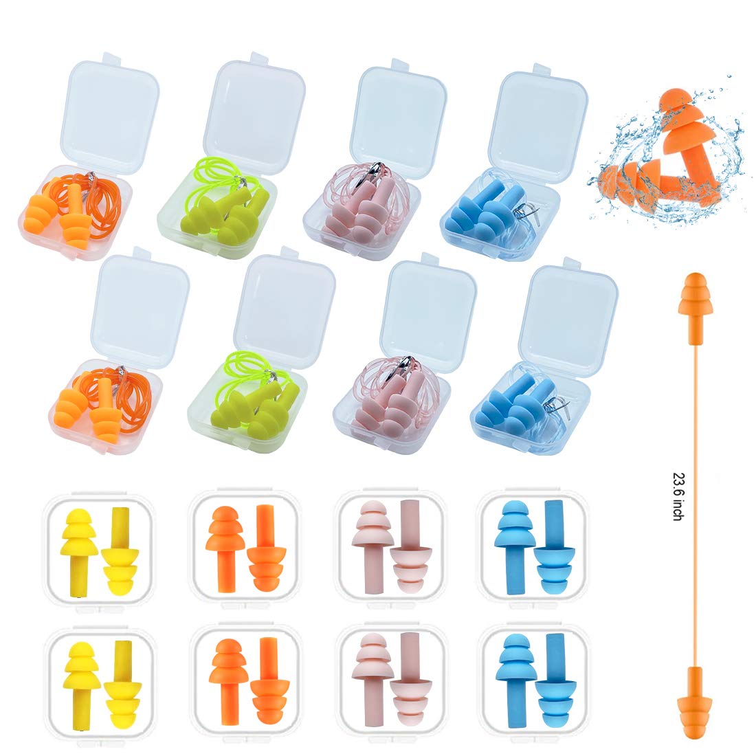 Silicone Ear Plugs for Sleeping,16 Pairs Soft Waterproof Noise Canceling Reduction Earplugs Waterproof Reusable Sound Blocking E