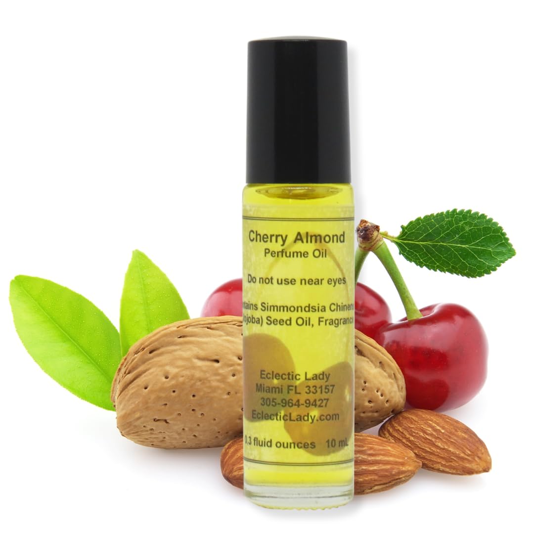 Cherry Almond Perfume Oil, 0.3 Oz Portable Roll-On Fragrance with Long-Lasting Scent, Delightful Essential Oils and Jojoba Oil f