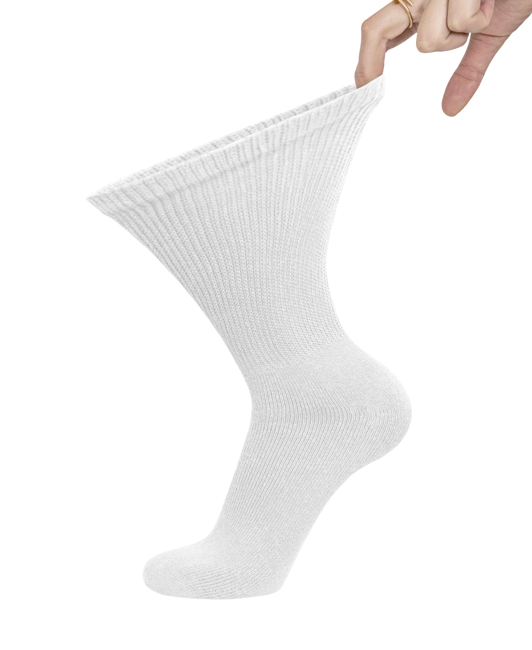 6 Pairs of Cotton Diabetic Neuropathy Crew Socks (10-13, Fits Mens shoe size 9-12, White)