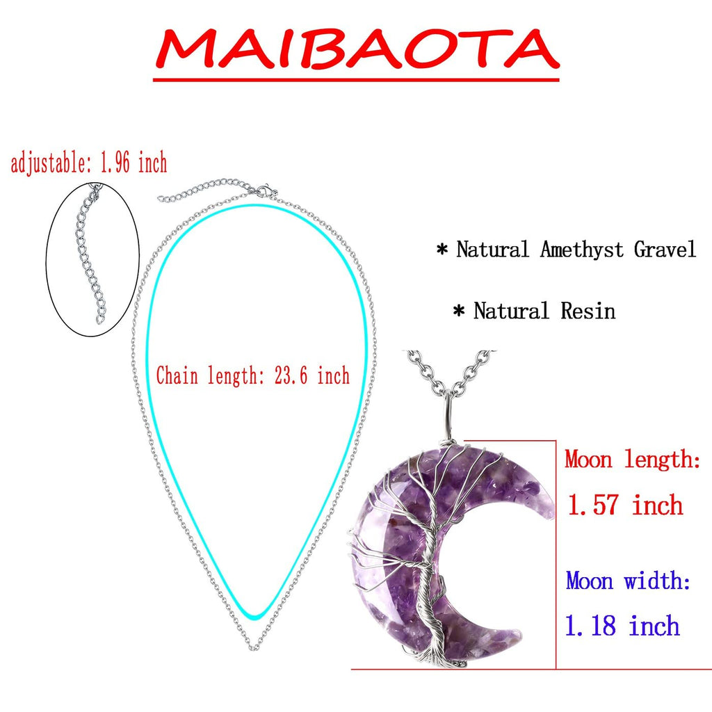 MAIBAOTA Amethyst Necklace Healing Crystals Tree Life Wire Wrapped Crescent Moon Phase Pendant Necklace Mothers Day Gifts for Mo