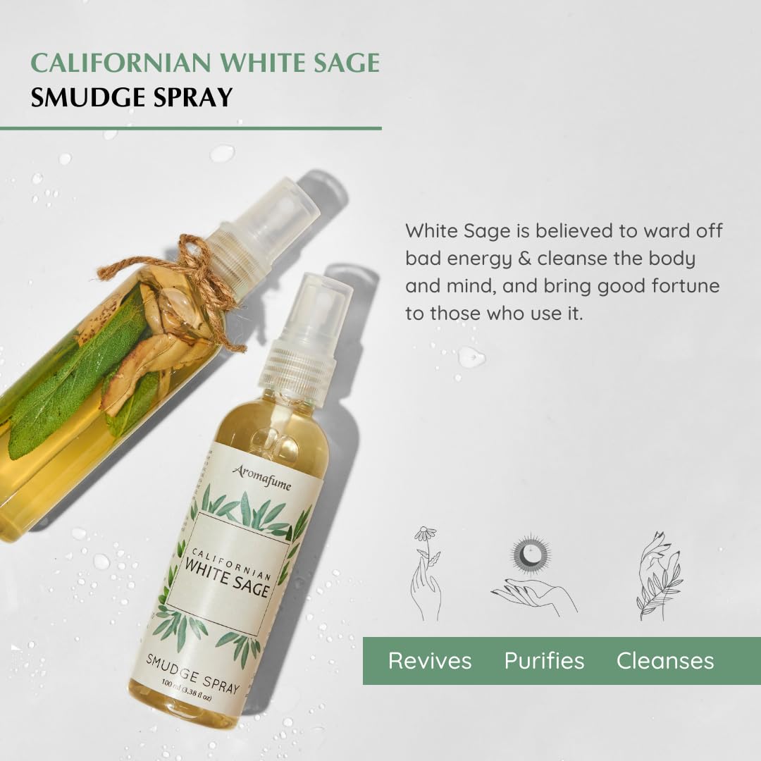 White Sage Smudge Spray by Aromafume | 100ml/3.3 oz | Sage for Cleansing Negative Energy & Protection | Non-Toxic Room Spray | N