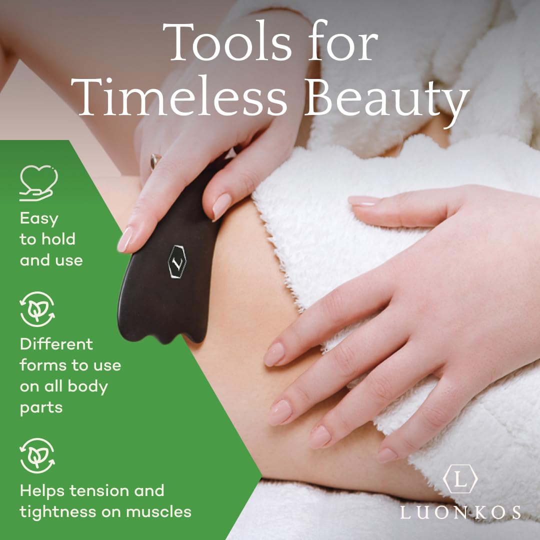 Hana Emi LUONKOS Gua Sha Tools Set - Large Black Bian Stone, 4-Pc - Face & Lymphatic Drainage Massager - Skin Care & Face Sculpt