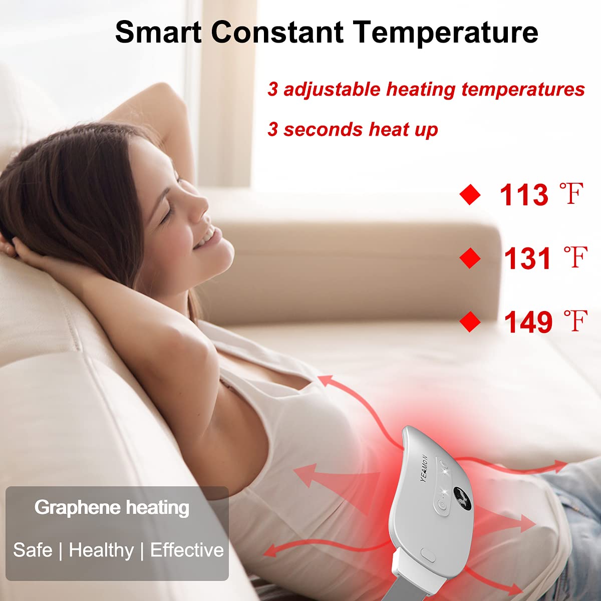 Portable Cordless Heating Pad for Cramps, Electric Waist Belt Device, Fast with 3 Heat Levels and Massage Modes, Back or Belly W