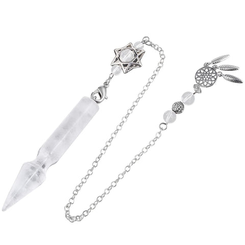 TUMBEELLUWA Crystal Point Pendulum for Divination Dowsing Faceted Stone Pendant Pendulum with Dream Catcher and Merkaba Star Cha