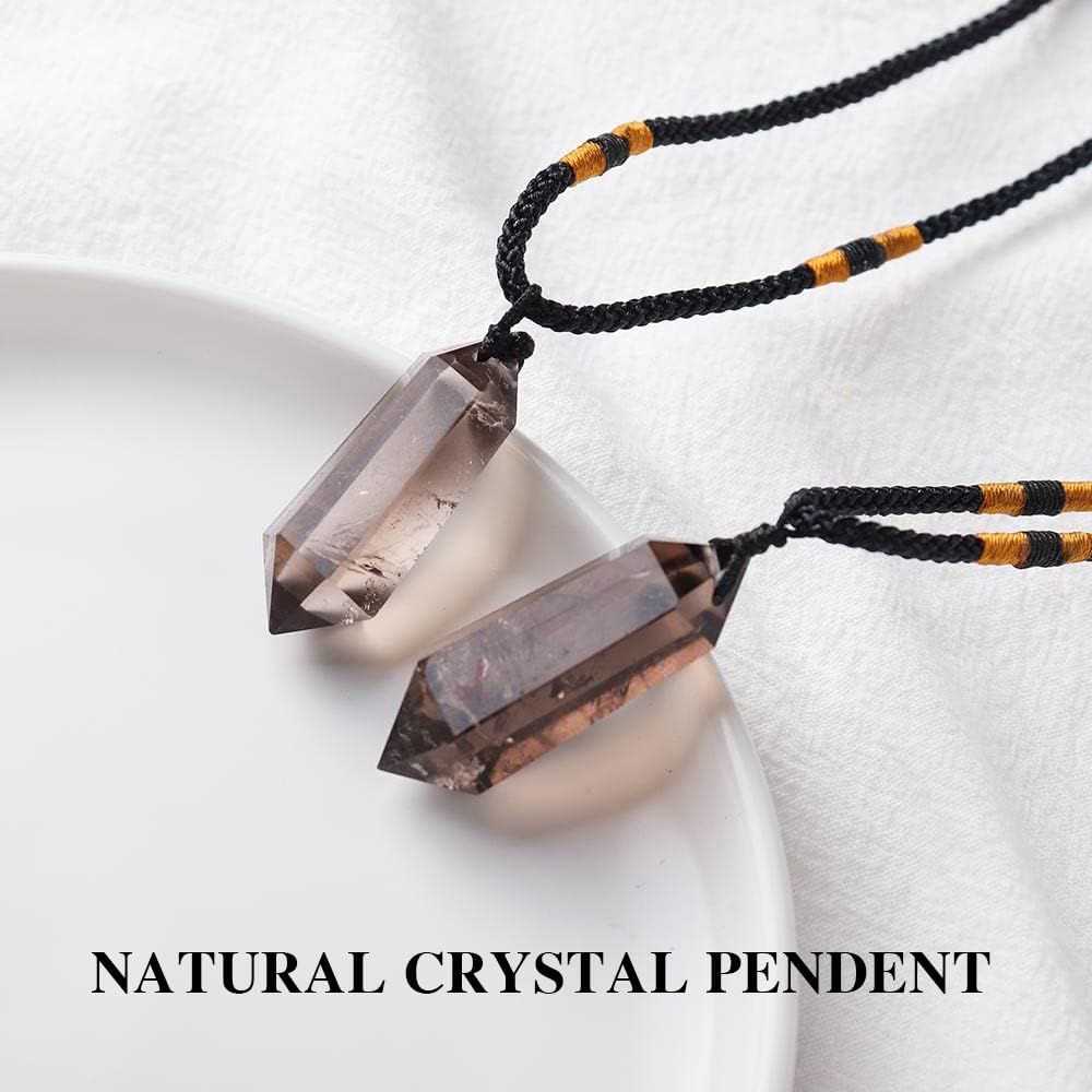 Runyangshi Smoky Quartz Healing Crystal Pendants, Double Pointed Natural Crystal Quartz Necklace 6 Faceted Chakra Crystal Wand S