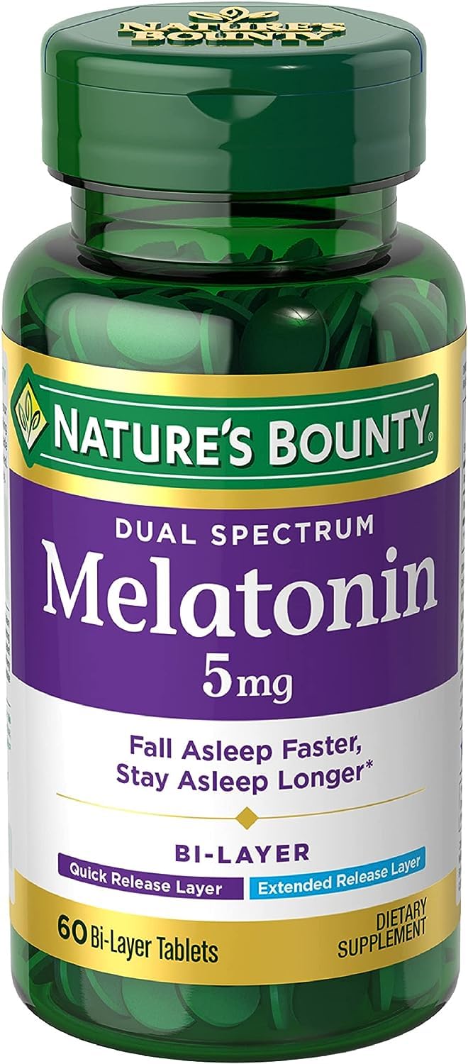 Nature's Bounty Melatonin 5mg Dual Spectrum, 100% Drug Free Sleep Supplement, Quick Release and Extended Release, Promotes Relax