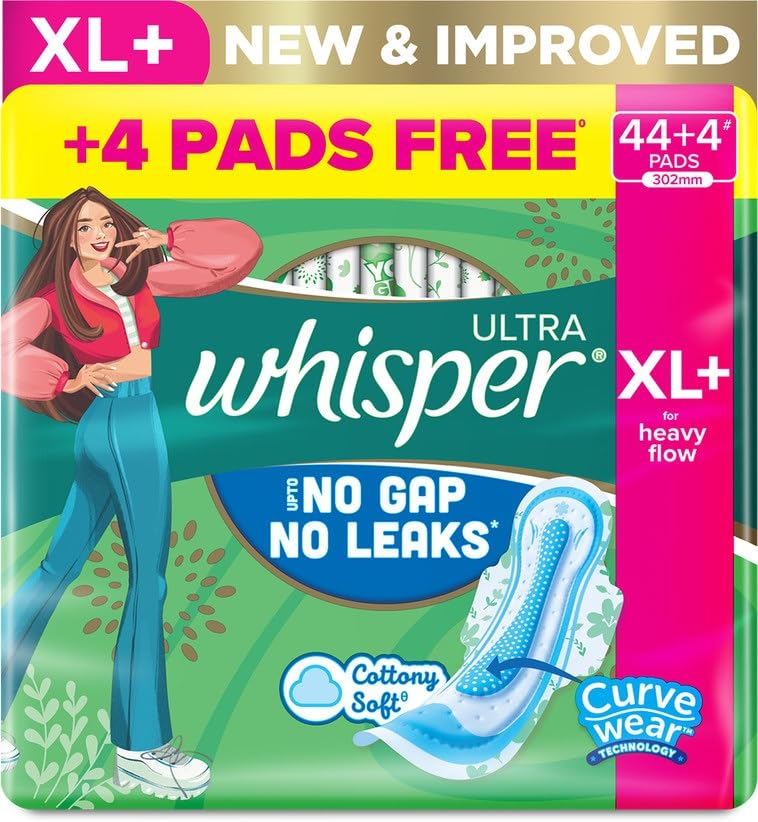 Whisper Ultra Xl+ Sanitary Pads, 48 Count, Heavy Flow Protection, No Gap No Leaks, Cotton Like Softness, With Curvewear Technolo