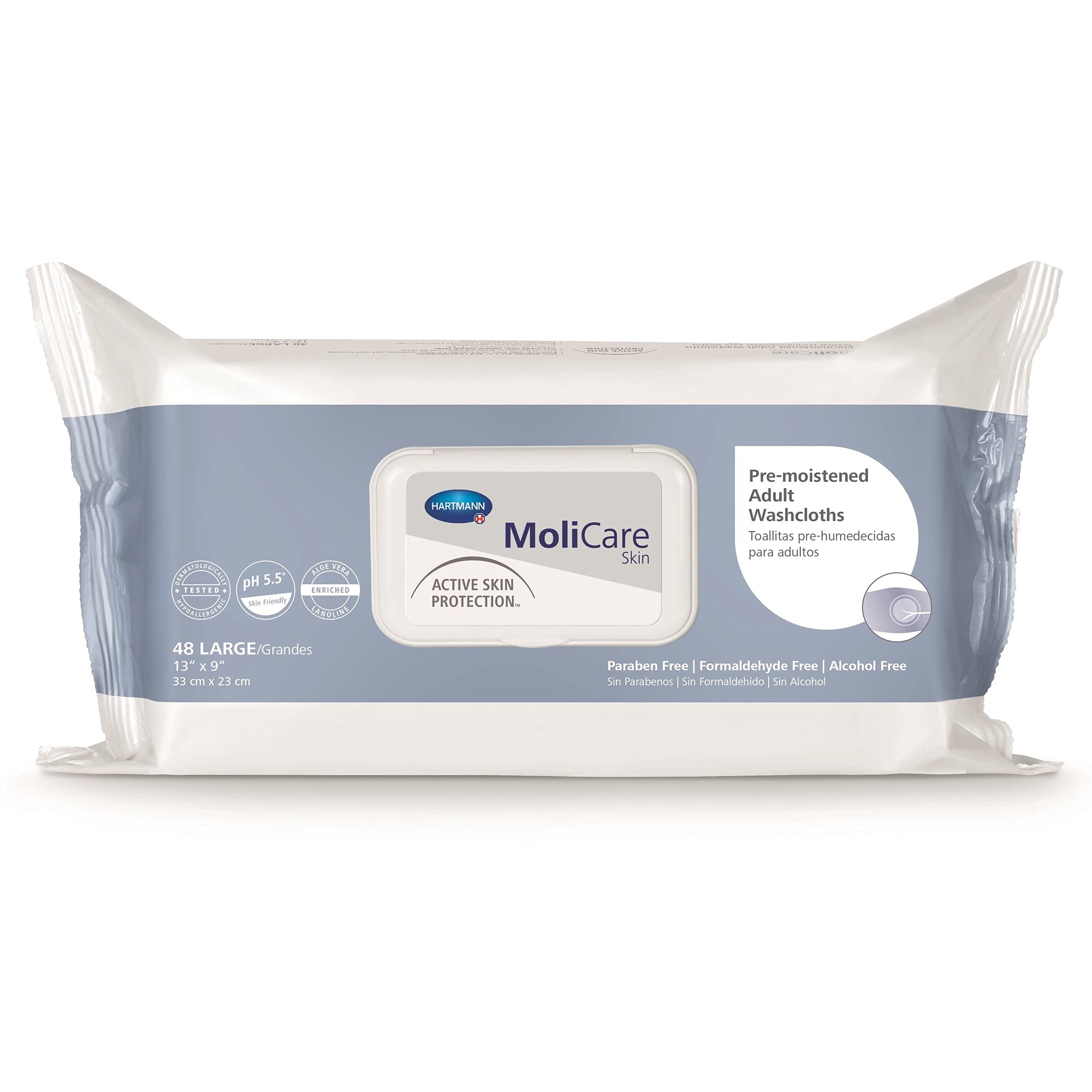 MoliCare Skin Washcloths, Aloe Vera/Lanolin, 48 Count, Large 13x9