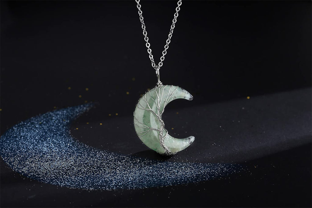 MAIBAOTA Green Aventurine Necklace Healing Crystal Stones Tree Life Wire Wrapped Crescent Moon Phase Pendant Necklace Mothers Da