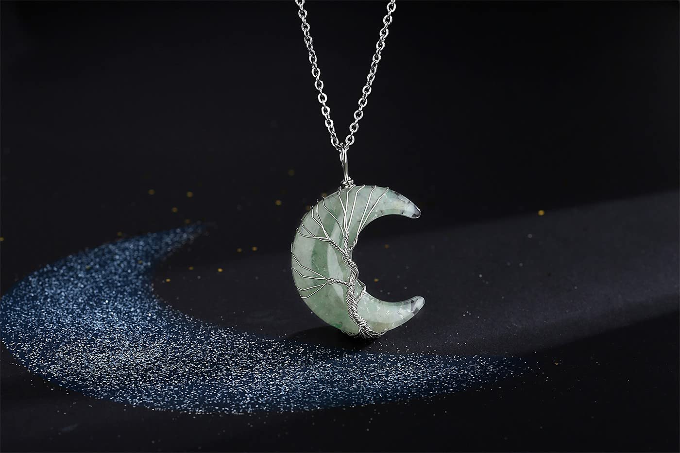 MAIBAOTA Green Aventurine Necklace Healing Crystal Stones Tree Life Wire Wrapped Crescent Moon Phase Pendant Necklace Mothers Da