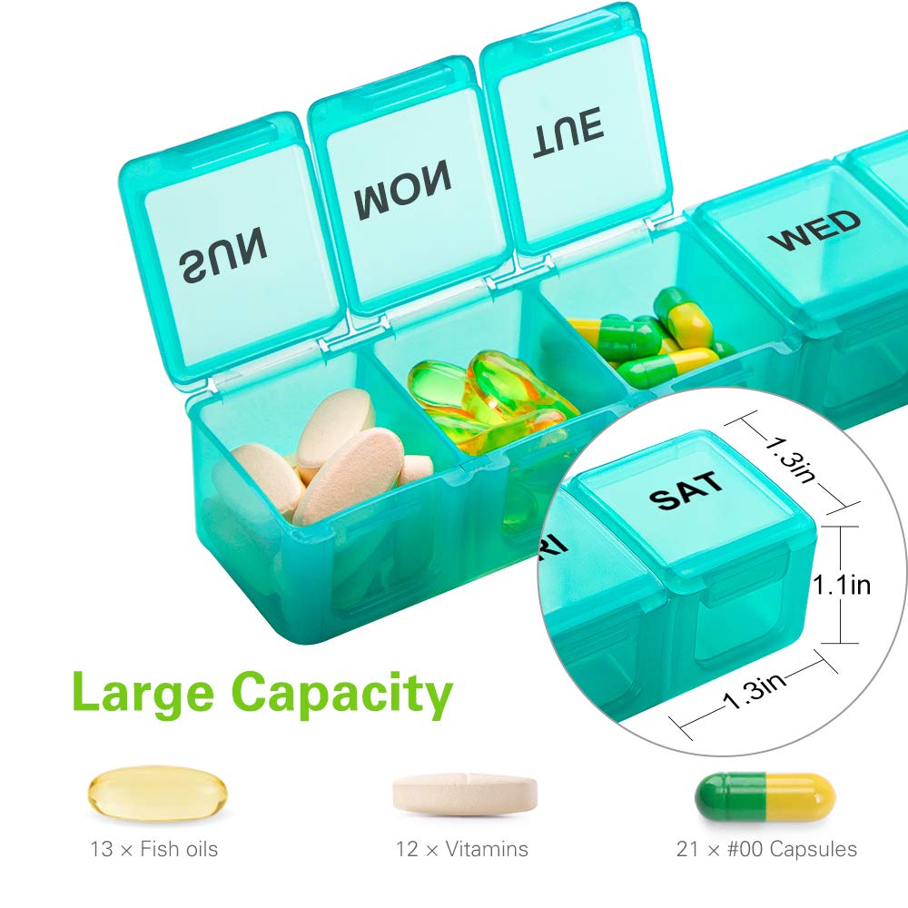 BUG HULL Weekly Pill Organizer Large 2 Packs, Extra Large Travel Pill Organizer, Pill Box 7 Day, Travel Pill Case, Medicine Pill