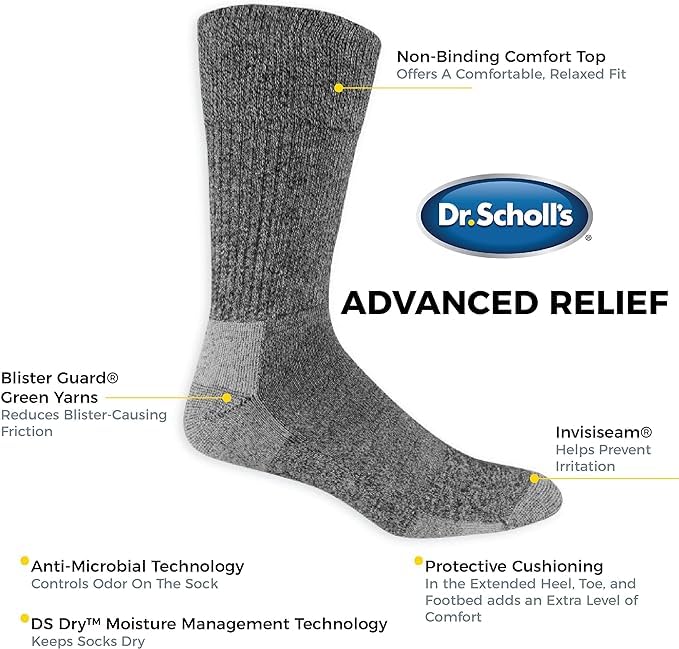 Dr. Scholl's Men's Advanced Relief BlisterGuard Work Crew Socks 2 Pair, White, Shoe Size: 7-12