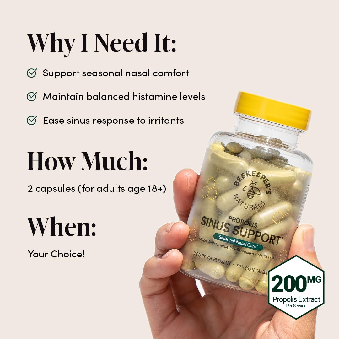 Beekeepers Naturals All Natural Sinus Support for Adults, Seasonal Nasal Care Relief with Propolis, Quercetin, Bromelain, Nettl