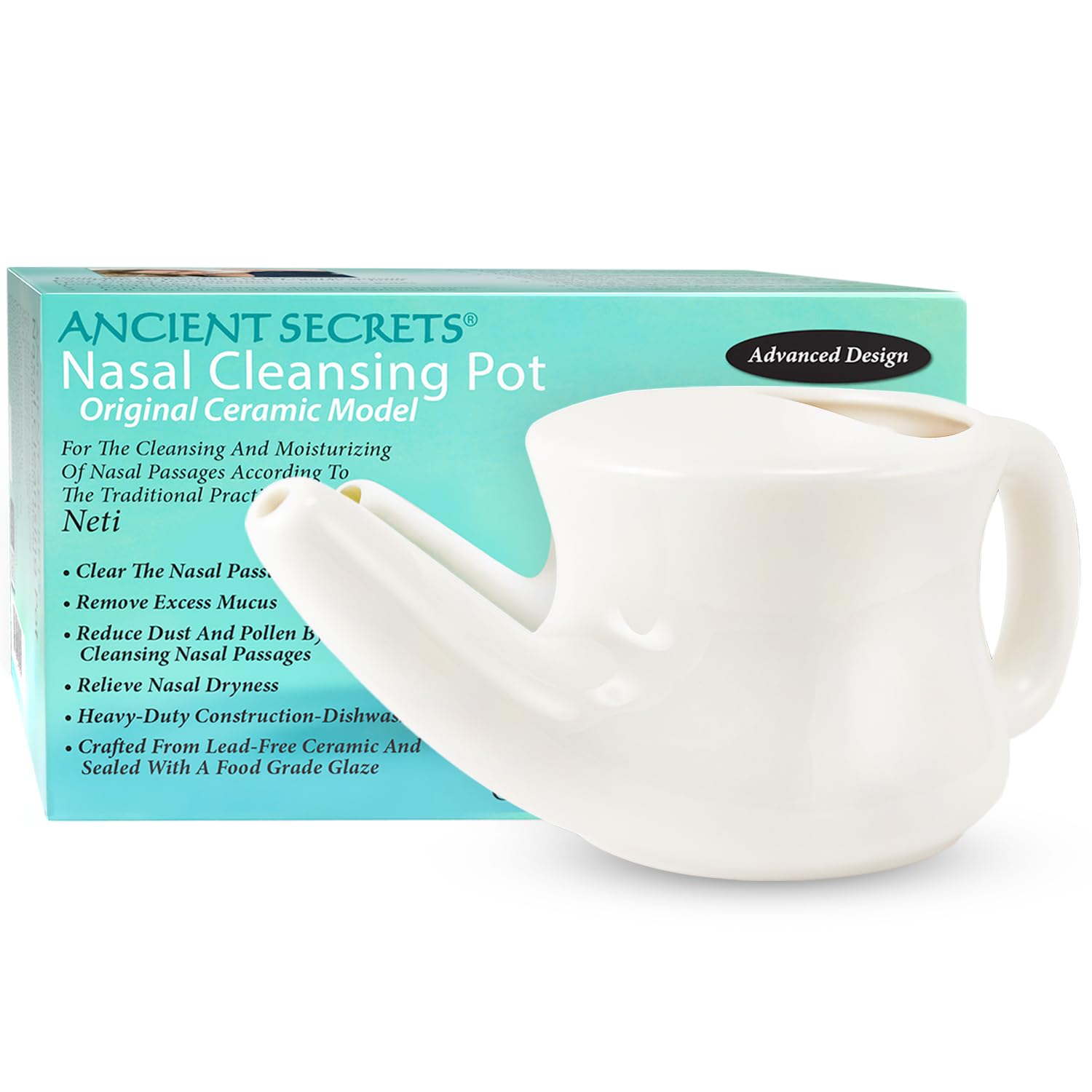 ANCIENT SECRETS Neti Pot Sinus Rinse - Nasal Cleansing Pot, Nasal Irrigation, Dishwasher-Safe, Ergonomic, No-Leak Ceramic Neti P