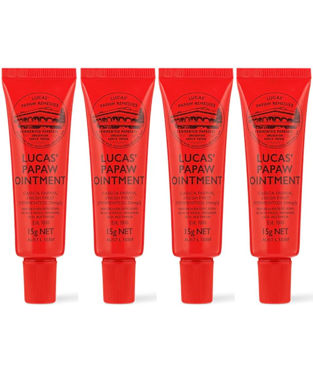 Lucas Papaw Ointment - 4 Tubes of 15g Each with Lip Applicator - Multipurpose Skin Relief - Made in Australia