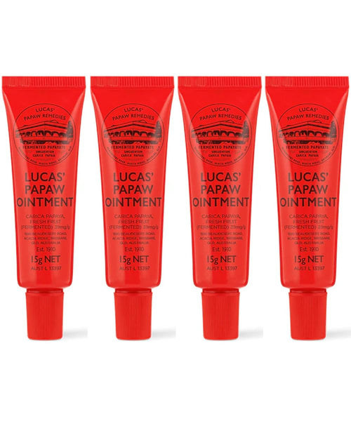Lucas Papaw Ointment - 4 Tubes of 15g Each with Lip Applicator - Multipurpose Skin Relief - Made in Australia