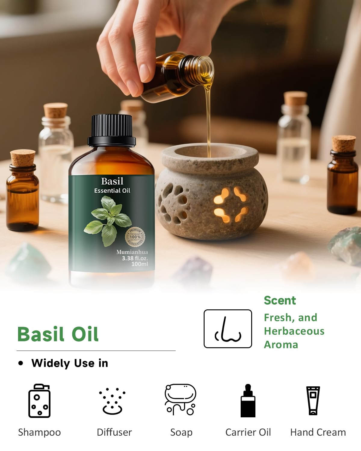 Mumianhua Basil Essential Oil 100% Pure Therapeutic Grade Natural Basil Oil for Diffuser, Bedroom, Yoga, Mediation for Calming R