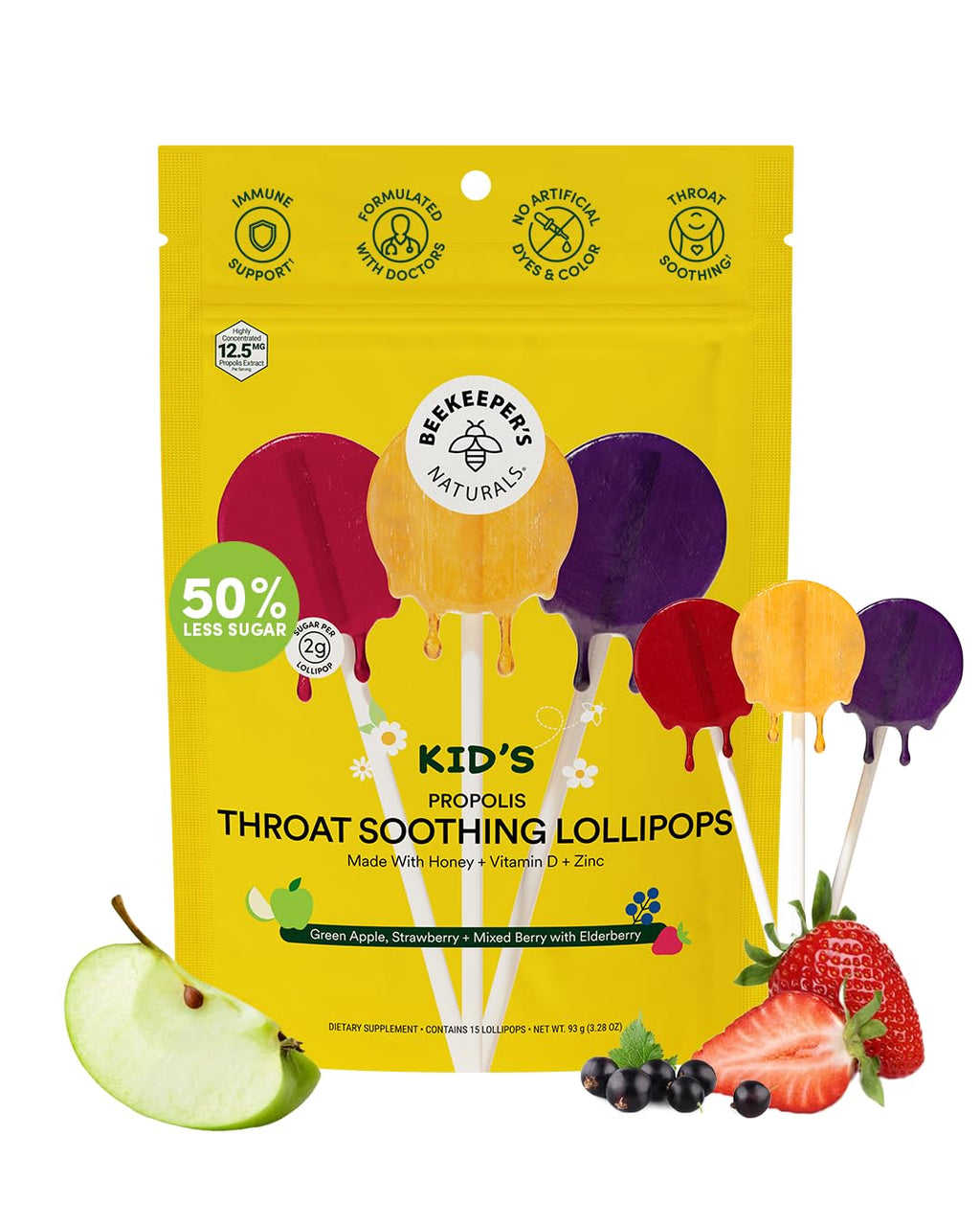 Kids Throat Soothing Lollipops by Beekeepers Naturals - Doctor Formulated Immune Support, Vitamin D & Honey, Under 2g Sugar, Cl