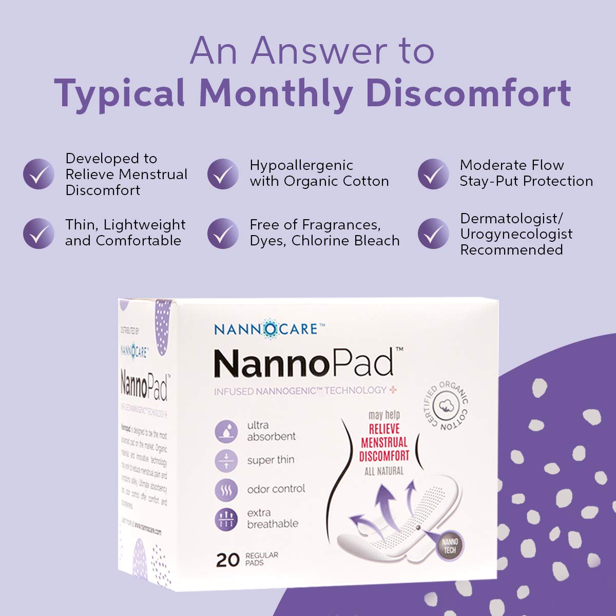 NannoPad Regular Pads for Women - Nannocare Certified Organic Cotton Pads - Pads with Wings - Feminine Hygiene Products - 20 San