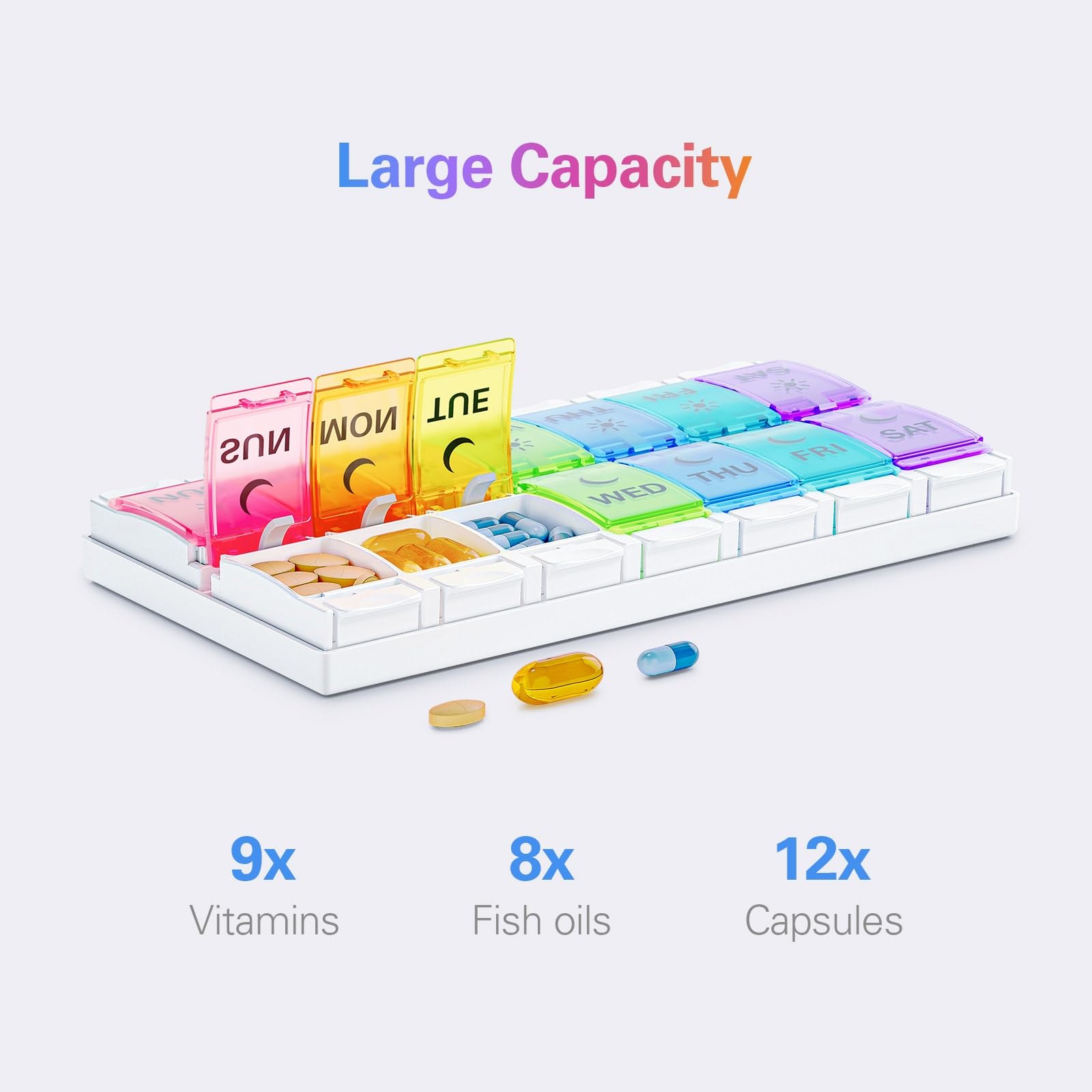 BUG HULL Pill Organizer AM PM Arthritis Friendly, BPA Free Pill Box 2 Times a Day, Large Pill Container, Weekly Medicine Pill Or