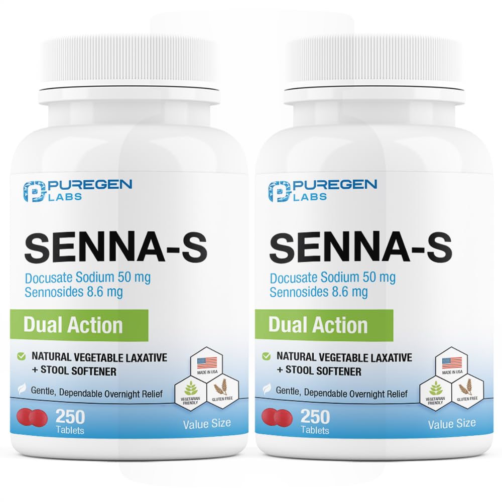 Puregen Labs Senna-S Natural Vegetable Laxative Plus Stool Softener Dual Action - Total 500 Tablets Senna Plus | Gentle Dependab