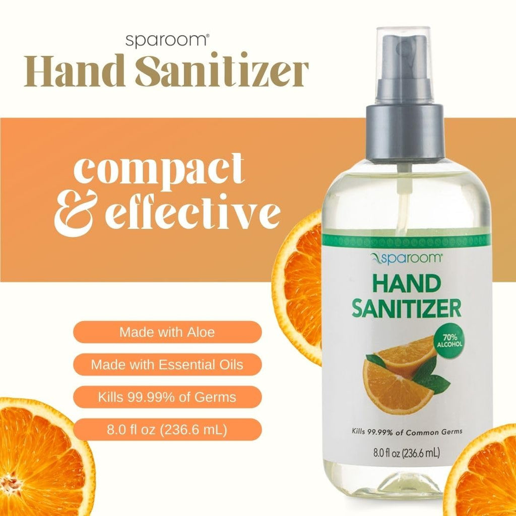 SpaRoom Hydrating Hand Sanitizer, 70% Alcohol with Aloe Vera & Essential Oils, Orange Scent, 8 Fl Oz Spray Bottle