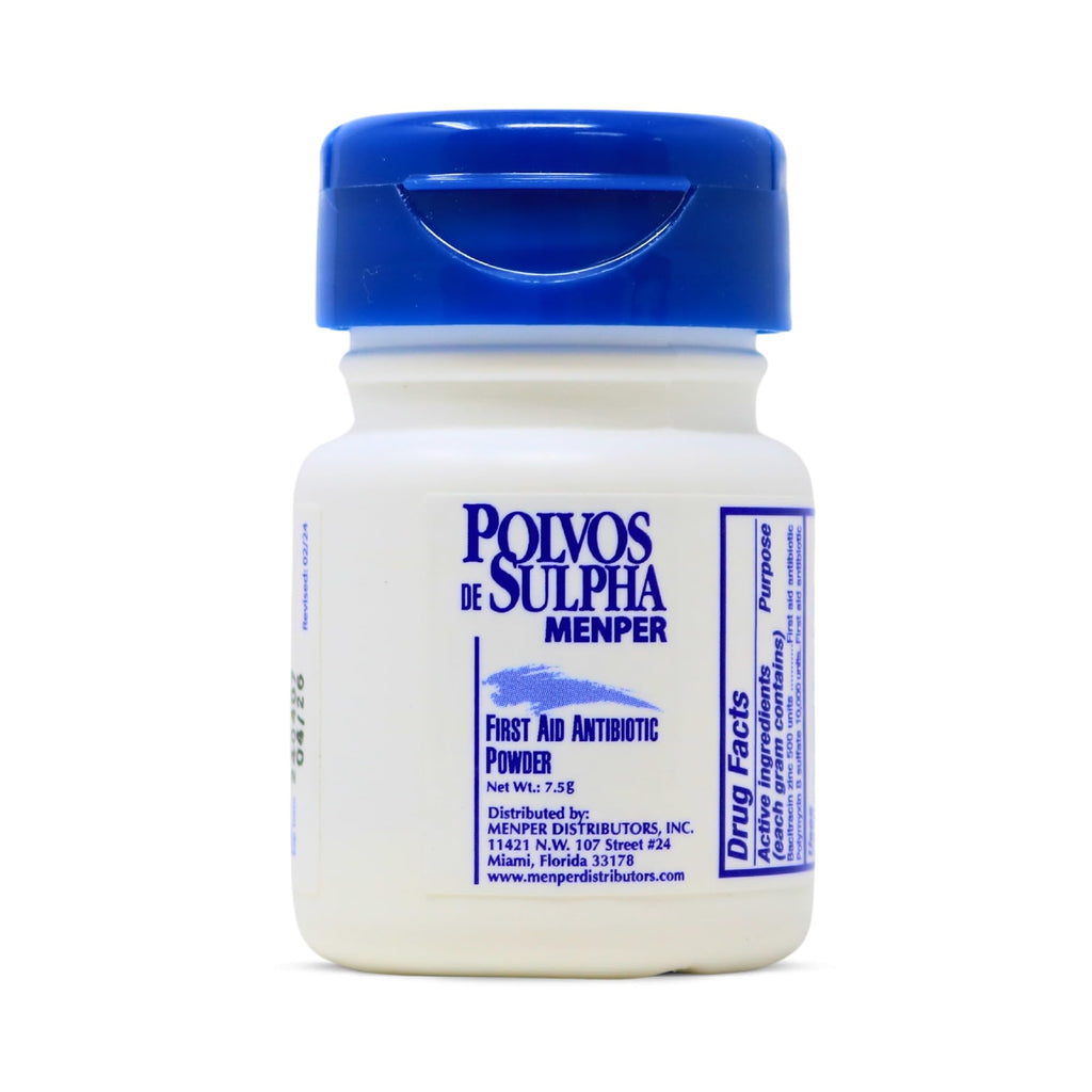 Polvos de Sulpha Antibiotic First Aid Powder. for Minor Cuts, Scrapes and Burns. Prevents Wound Infection. 0.90 Oz / 7.5 g. Pack