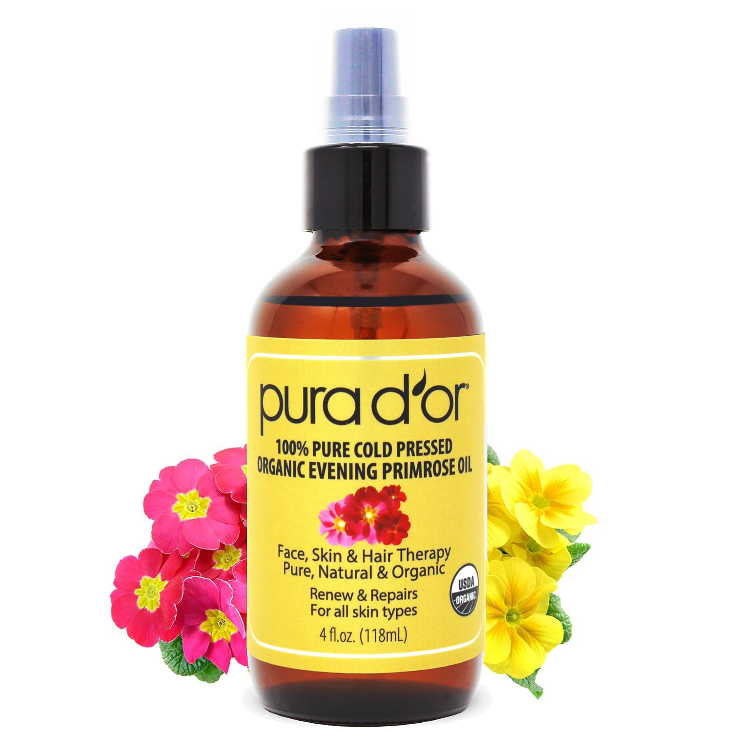 PURA DOR Organic Evening Primrose Oil (4oz) 100% Pure Cold Pressed w/Natural Essential Fatty Acids & Antioxidant Rich - Moistur