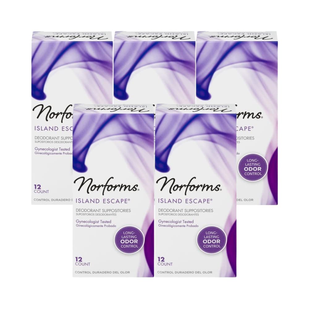 Norforms Feminine Deodorant Suppositories, Long Lasting Odor Control, Island Escape Scent, 12 Count (Pack of 5)