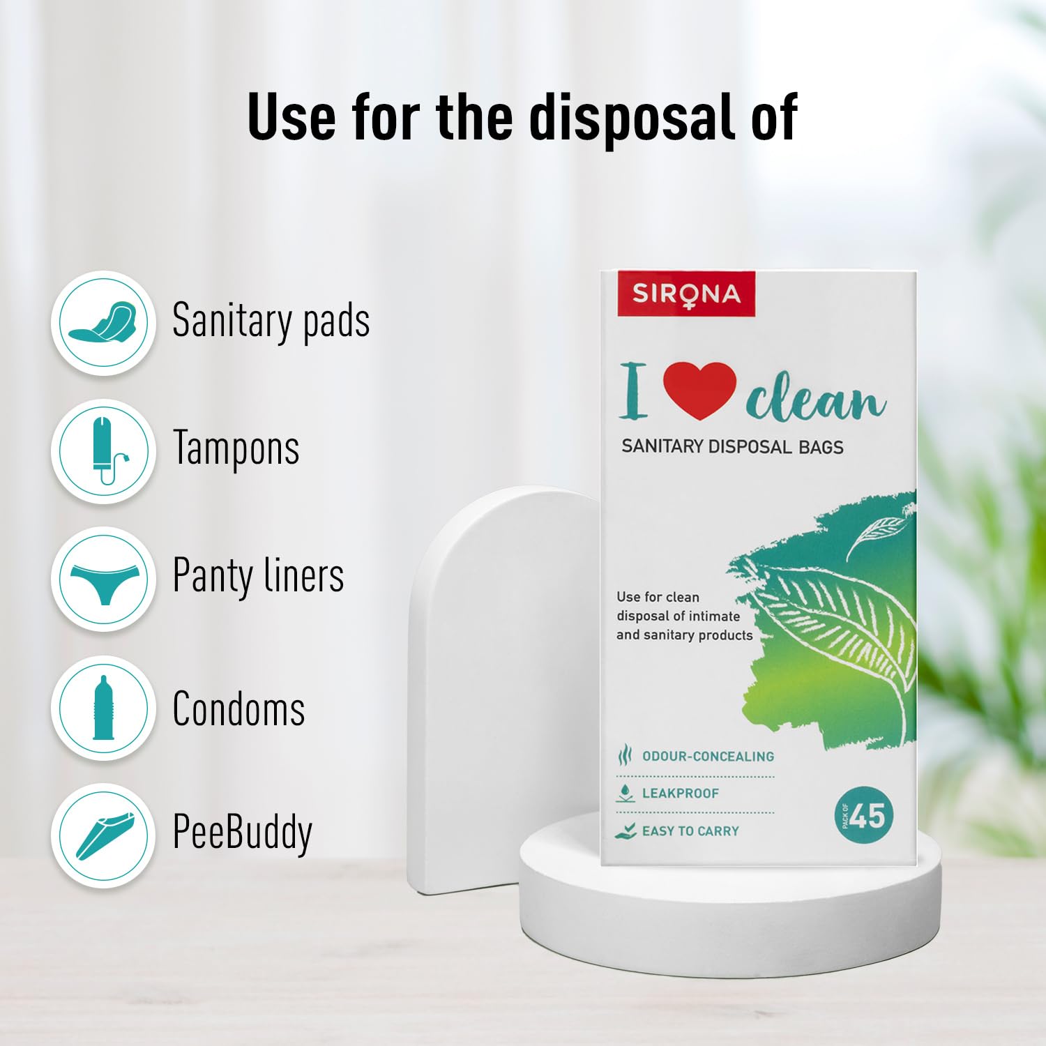 Sirona Sanitary Disposal Bags - 45 | Leakproof, Odor-Concealing Disposal for Tampons, Pads, Liners & More | Hygienic & Travel-Fr
