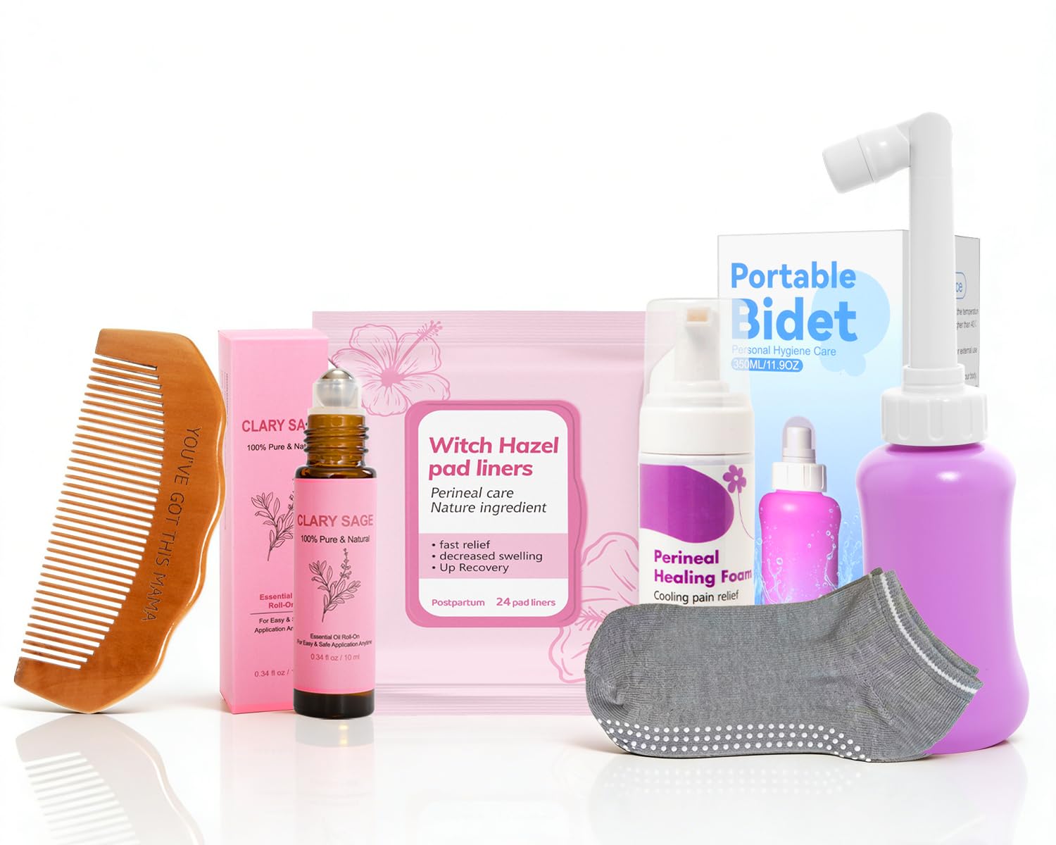 6 Pcs Labor & Postpartum Essentials Recovery Kit , Includes Labor Comb,Clary Sage Oil,Peri Bottle,24 Pad Liners, Perineal Soothi