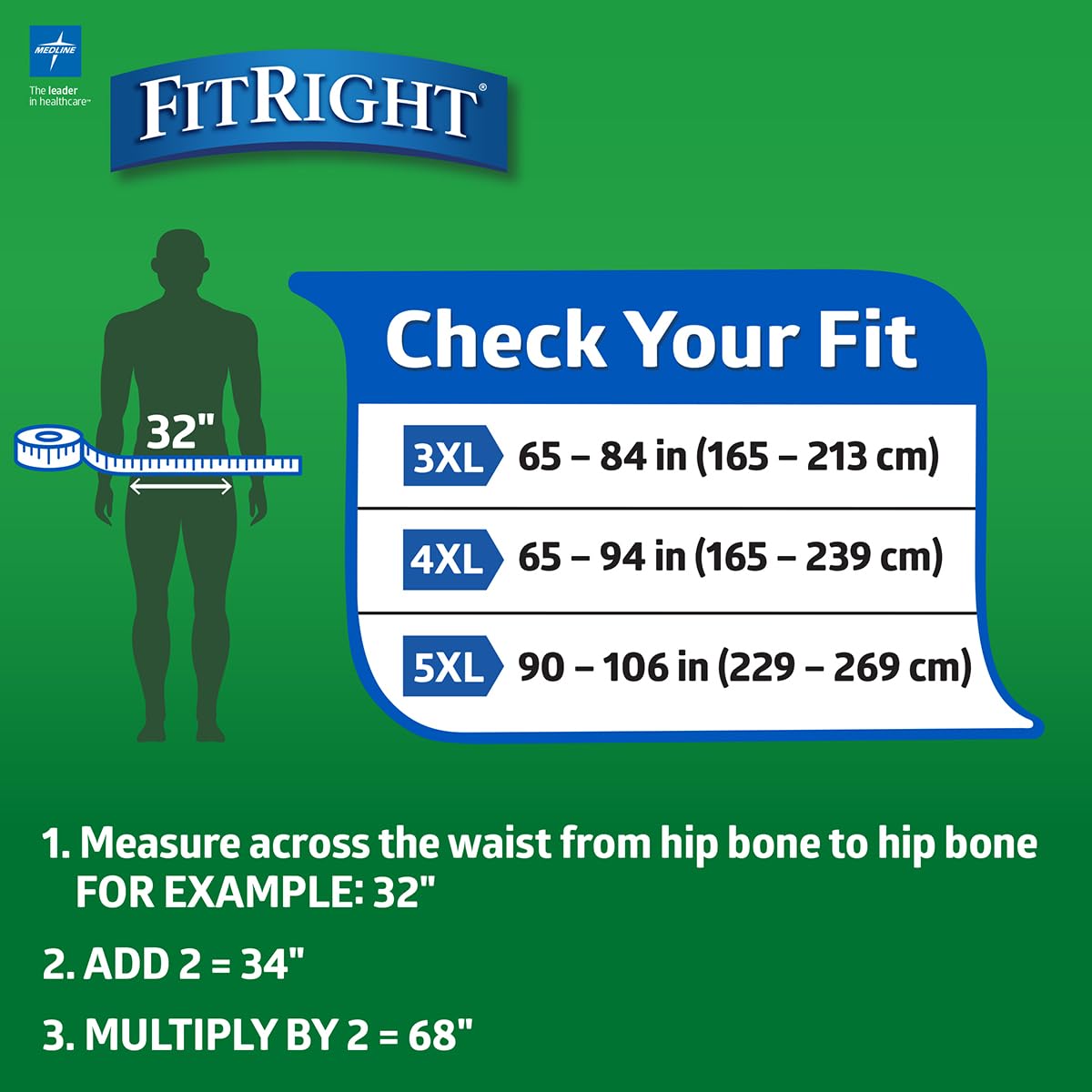Medline FitRight Incontinence Diapers, Specialty Size Adult Diapers, For Men And Women, Maximum Protection, Waist Size 65 -94 ,