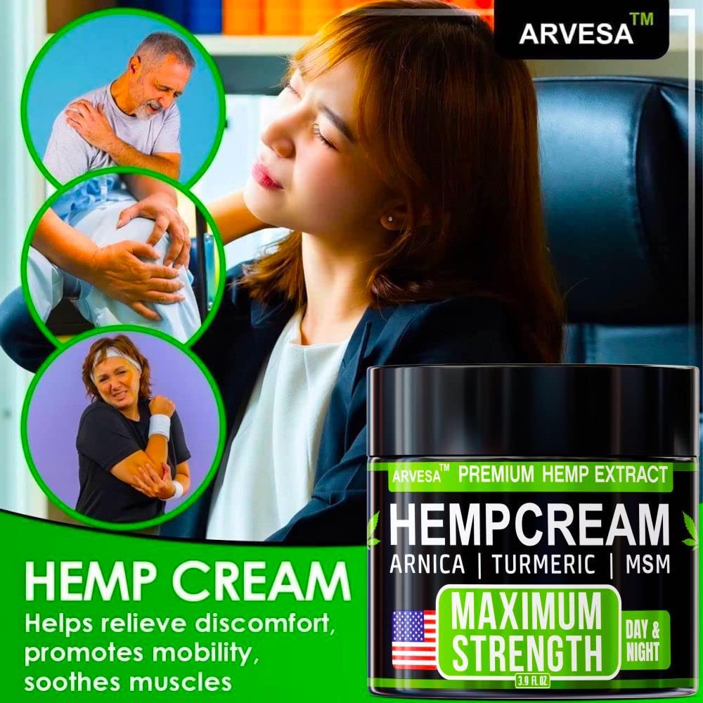 Hemp Cream - Maximum Strength - Relieve Muscle, Joint, Back, Knee - Natural Hemp Oil Extract Gel Rub with MSM - Glucosamine - Ar