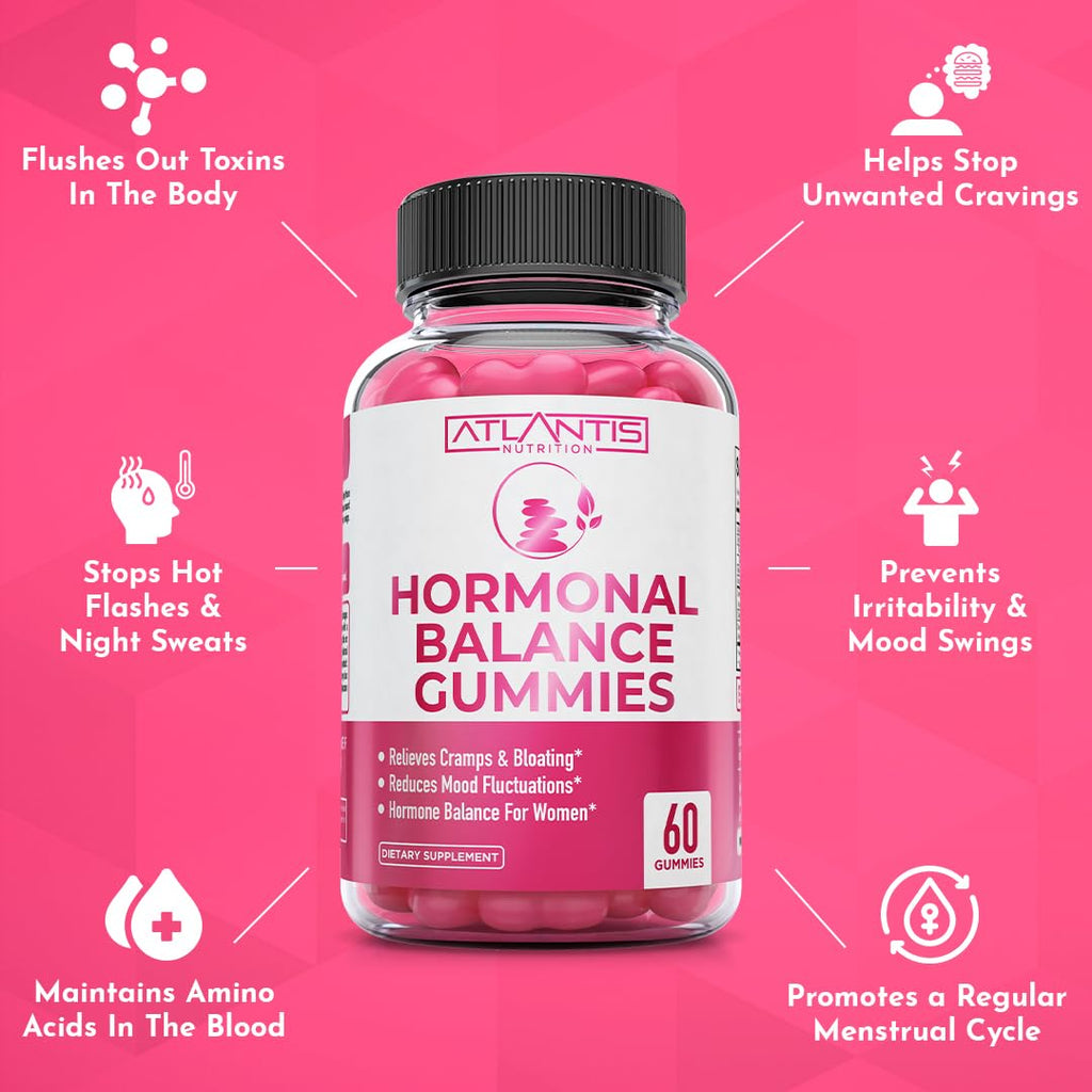 Atlantis Nutrition Hormonal Balance for Women & PMS Relief Gummies - Alleviates Cramps, Bloating, Mood Swings, Hot Flashes & Nig