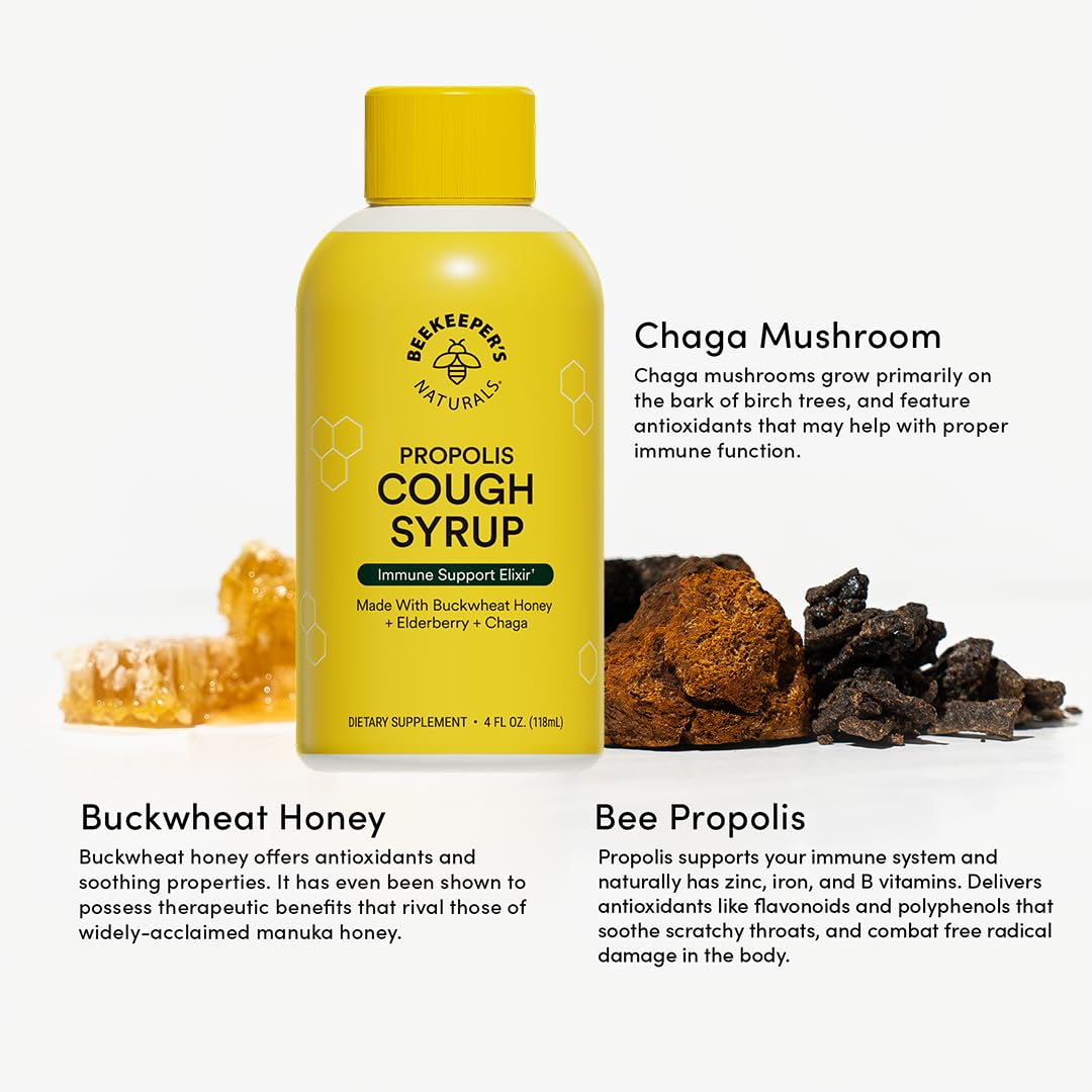 Beekeepers Naturals Propolis Honey Cough Syrup Daytime for Adults Elderberry, Bee Propolis, Buckwheat Honey - Immune Support &