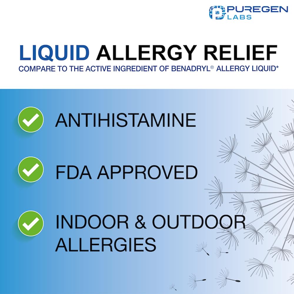 Puregen Labs Allergy Relief Oral Solution, Diphenhydramine HCl 12.5mg/5 mL, Antihistamine, Cherry Flavor, 16 Ounces