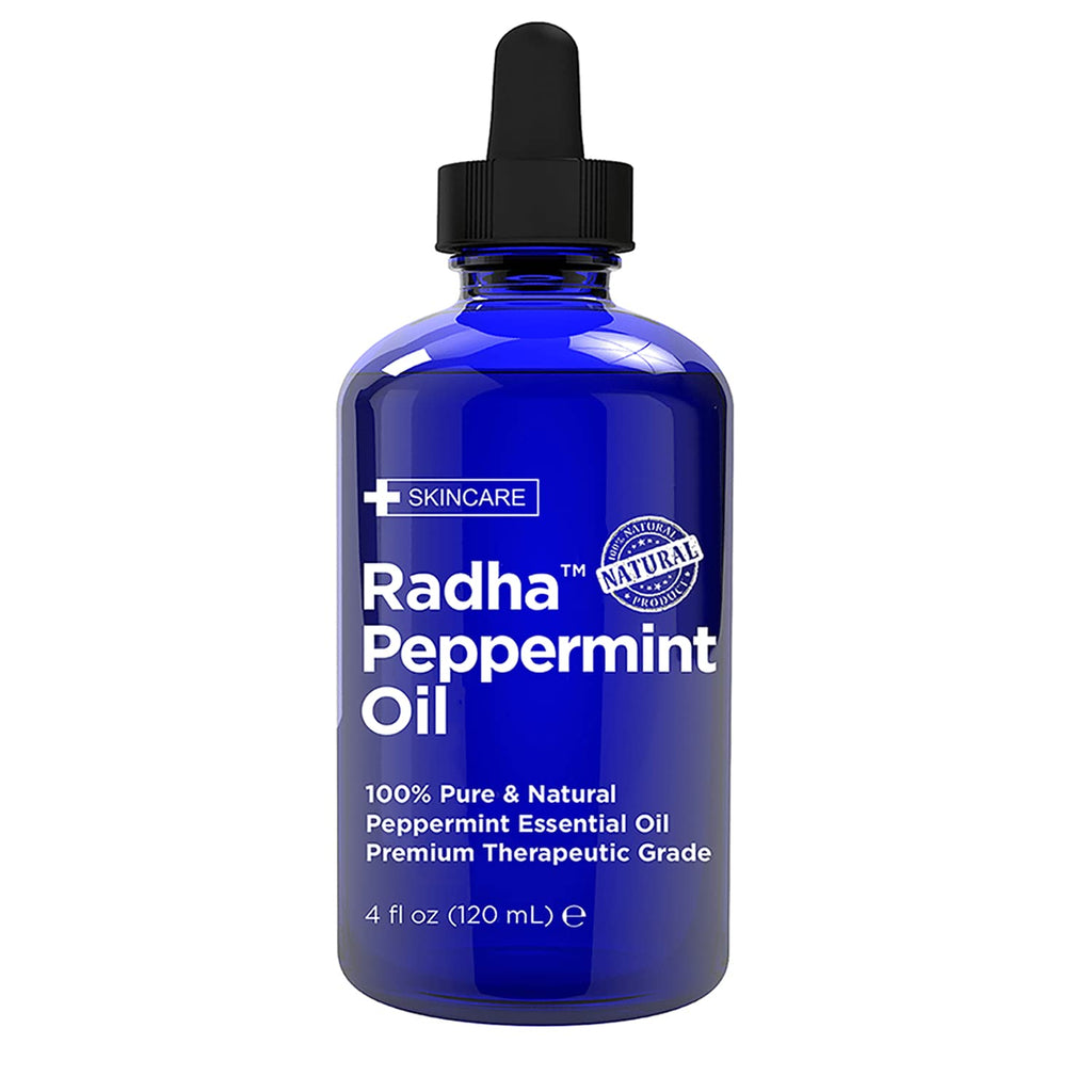 Radha Beauty Peppermint Essential Oil 4 oz - 100% Pure & Therapeutic Grade, Steam Distilled for Aromatherapy, Fresh Minty Scent,