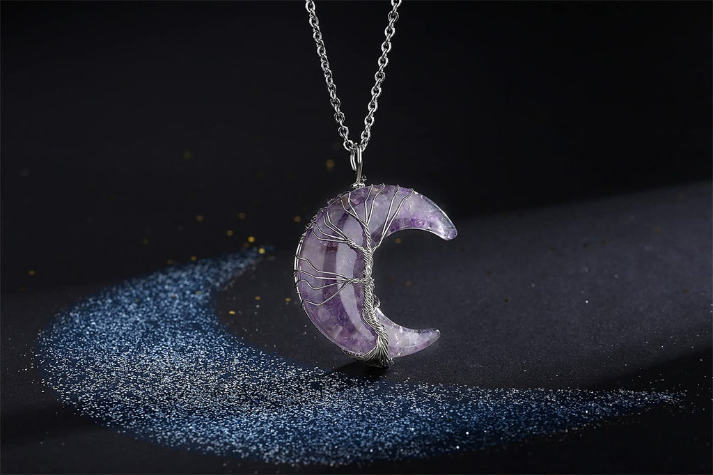 MAIBAOTA Amethyst Necklace Healing Crystals Tree Life Wire Wrapped Crescent Moon Phase Pendant Necklace Mothers Day Gifts for Mo