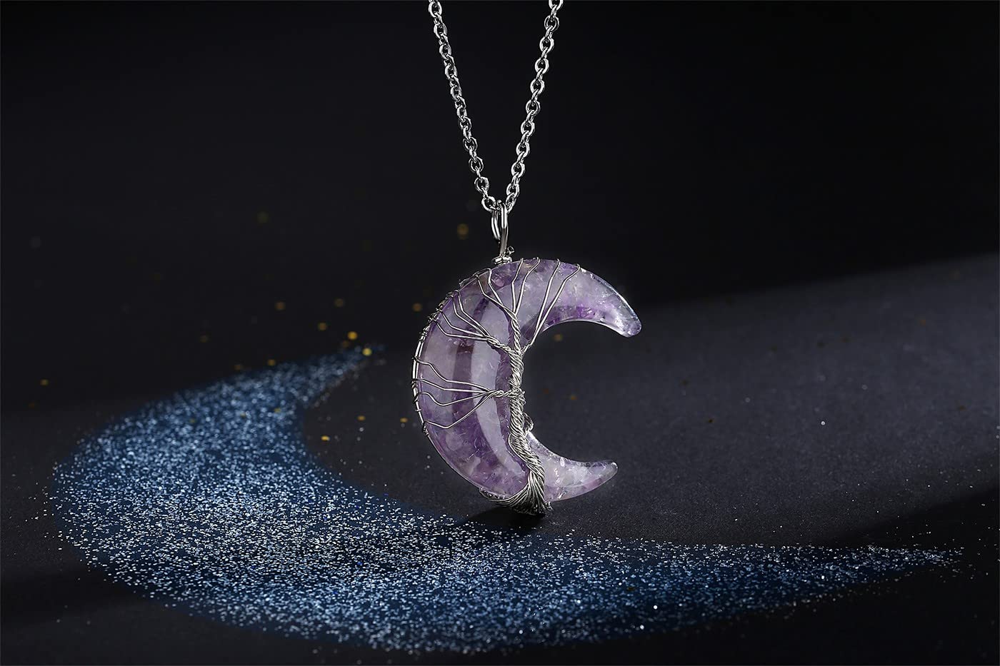 MAIBAOTA Amethyst Necklace Healing Crystals Tree Life Wire Wrapped Crescent Moon Phase Pendant Necklace Mothers Day Gifts for Mo
