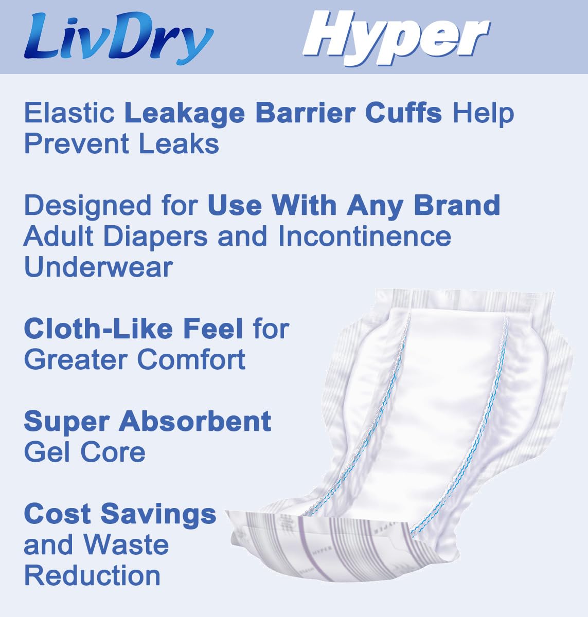 LivDry High Absorbency Pad Insert for Incontinence Briefs and Adult Diapers, Women and Men, Hyper 2000 (20 Count)