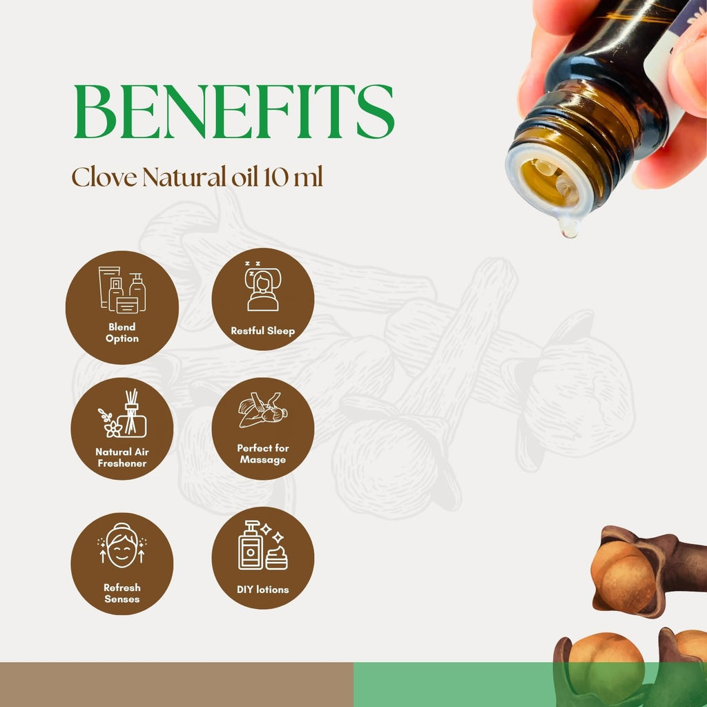 Roots & Above 10ml Pure Clove Essential Oil - 99% Natural Aroma Oil for Diffuser, Hair, Skin Care, Massage, Humidifiers, Candle