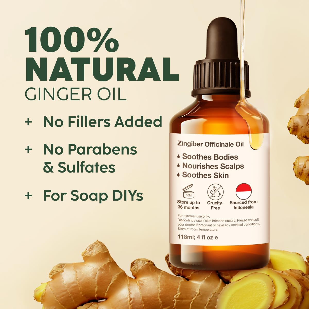 Kukka Ginger Essential Oil for Hair Skin & Massage - 4 Fl Oz - 100% Pure Natural for Soap Making Scent DIY, Spicy, Warming Scent